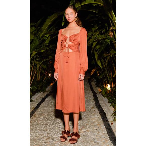 Farm Rio Caramel Brown Cut Out Maxi Dress Size S NWT - Picture 1 of 5